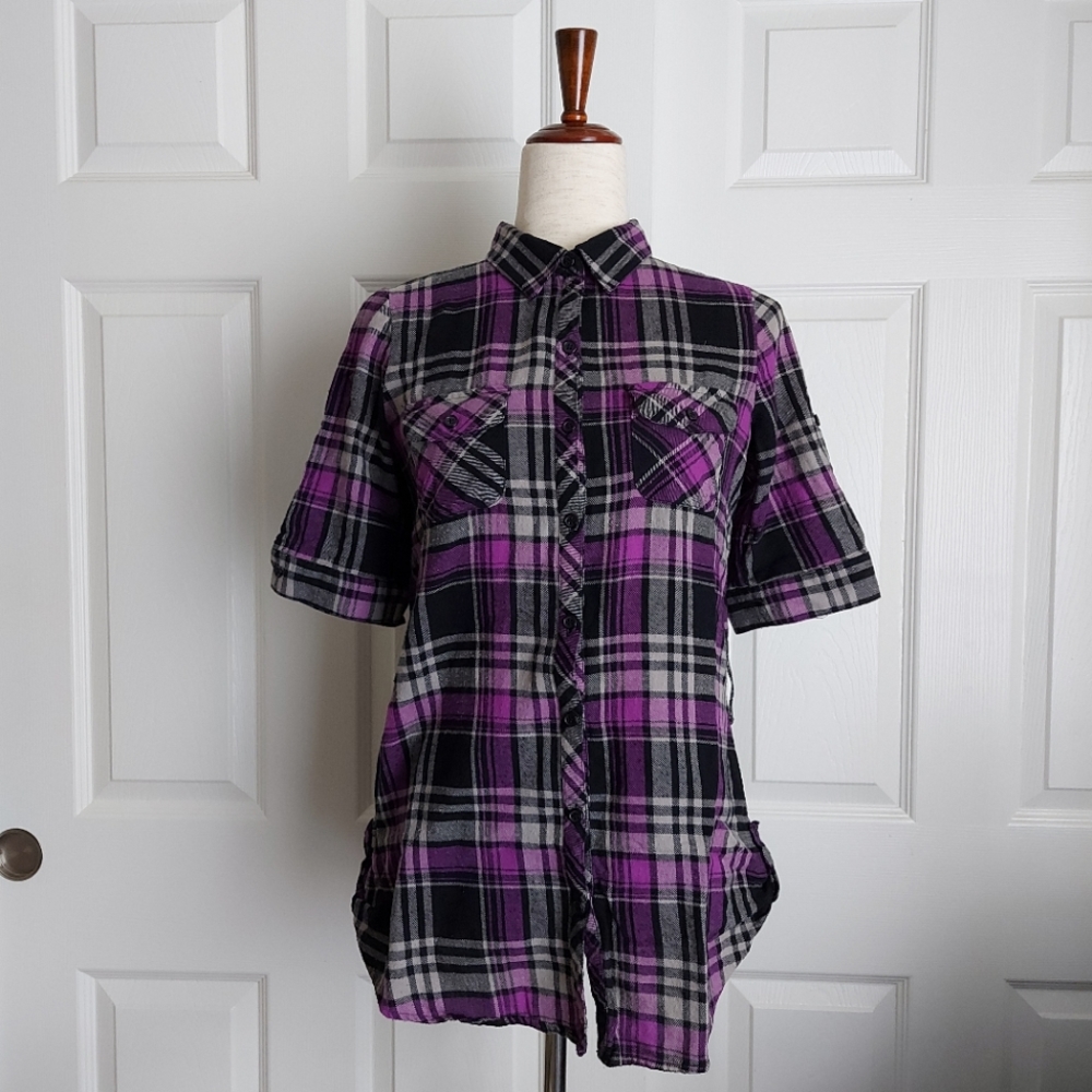 FIRM PRICE |FANG Thick Plaid Button-up Shirt | Size: Medium| Black, Purple, Grey
